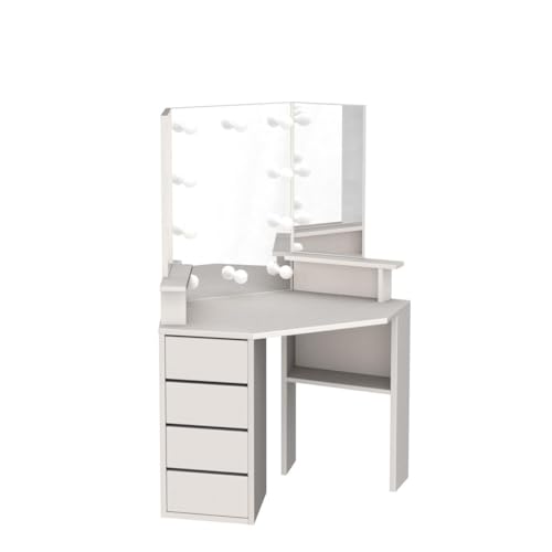 Vabches Corner Vanity Desk with Lighted Mirror & Power Strip,White Makeup Vanity Table with Lights,42 inch Corner Vanity Mirror with Lights and 4 Drawer, 3 Lighting Modes, Brightness Adjustable