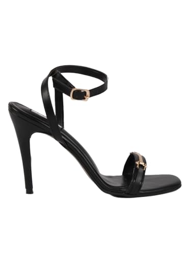 Image of ELLE Women's Square Toe Stiletto Heel Sandals with Gold-Tone Bar Detail and Crisscross Ankle Strap