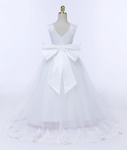 Flower Girl Dresses for Wedding Tulle Lace Appliques Pageant Ball Gown V Back Girls First Communion Dresses with Bow2