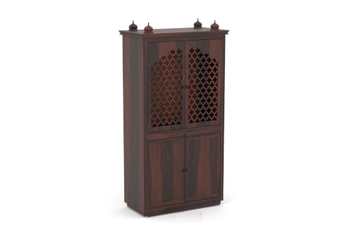 Image of Solid Sheesham Wood Temple for Home & Office /Mandir /God Stand /Pooja Stand /Home Mandap /Mandapam with Cabinet Doors & Multiple Storage (Walnut-2, Large)
