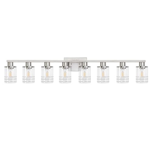 Image of YYT 8-Light Bathroom Vanity Light Fixtures, Over Mirror Brushed Nicekl Vanity Light Fixtures for Bathroom with Clear Glass Shade