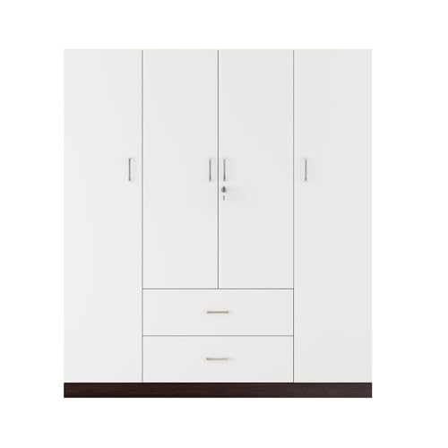 VIKI Wardrobe | Wooden Almirah for Clothes,Door for Bedroom, 4 Door Wardrobe with Drawer & Hanging Space (Dark Wenge, Frosty White - 40D x 160W x 180H) | 1 Year Warranty | Free Assembly