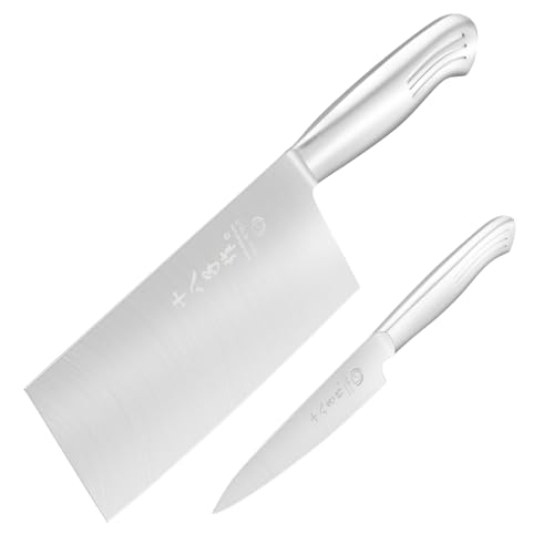SHI BA ZI ZUO Meat Cleaver Set, 2PCS Professional Butcher Knife Fruit Knife with Stainless Steel Handle Silver - YZH002