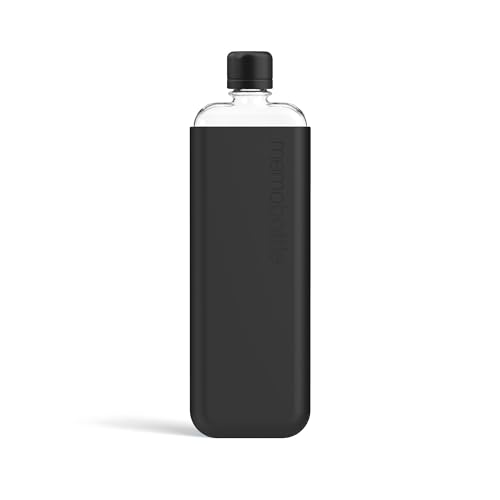memobottle SLIM (Black Ink) Bundle - 15oz (450ml) - Bottle, silicone sleeve & lid | Sleek, Slim & Flat Water Bottle for Bags & Laptops | BPA Free Tritan | Modern, Minimalist | Ideal for Daily Use