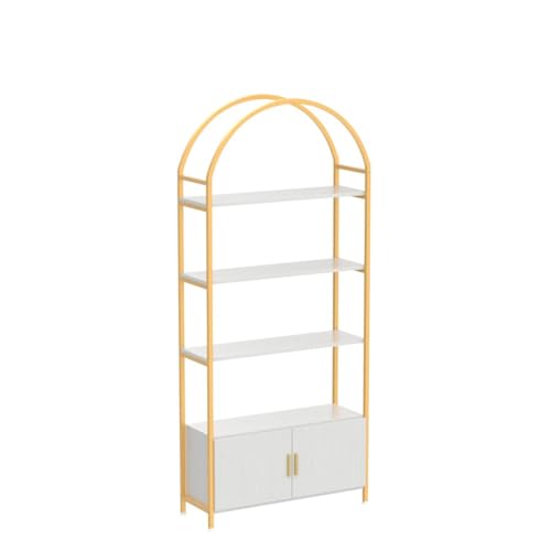 Image of Jehiatek Gold Bookshelf, Arched Bookcase with Doors Storage, 71 inch Tall Industrial Book Shelf with Sturdy Metal Frame, E1 Quality Boards, Freestanding Display Shelving Unit, White and Gold