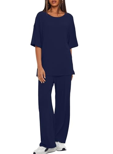 Image of Darong Women's Two Piece Sets Casual Short Sleeve Top Wide Leg Pants Lounge Matching Set Travel Vacation Airport Outfits