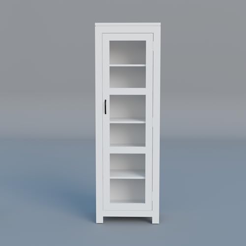 Image of Solid Sheesham Wood Deco White Book Shelf, Showcase Glass Door Crockery Storage Unit Or Bookcase, 6-Shelf Wooden Book Rack, Display Cabinet Furniture for Home, Kitchen & Library Areas