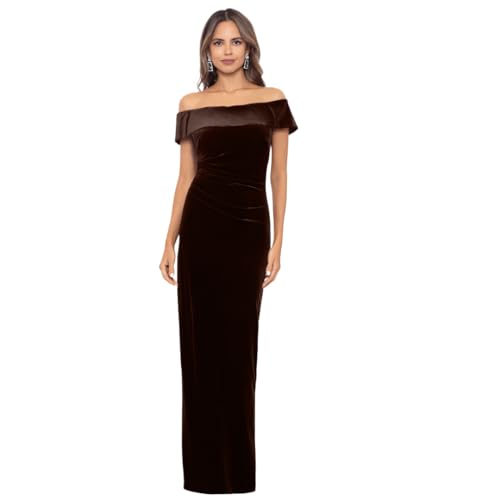 Xscape Women's Velvet Off-The-Shoulder Popover Maxi Dress with Zippered Back Closure, Brown, 16