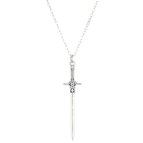 Gothic Sword Cross Necklace Punk Cool Long Dagger Knife Antiqued Silver Carved Pendant Chain Necklace for Men Women Goth Halloween Cosplay Christmas Party Rock Hip Hop Fashion Jewelry Gifts