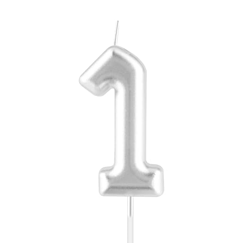 iNINGER Silver Number 1 Candles,1st Birthday Number Candles,Pearl Silver Happy Birthday Cake Topper Decorations for Party Wedding Anniversary Supplies