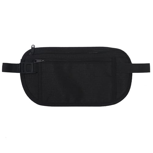 yuandnn Cinturón de dinero, soporte para pasaporte, cartera de viaje oculta segura con bloqueo RFID, riñonera ajustable con 2 bolsillos para hombres y mujeres (negro), Black, Deportivo
