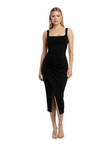 Image of Women's Sleeveless Midi Dress, Square Neck, Ruched Side, Bodycon Style with Slit