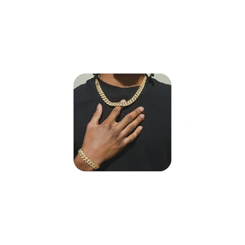 2 Pcs Cuban Link Chain for Men Women Fake Diamond Chain Necklace Silver Gold Iced Out Chain Miami Cuban Link Bracelet Men Hip Hop Jewelry Gift