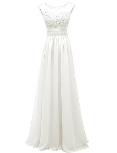 huitutu Abendkleider elegant für Hochzeit Spitzenkleid Chiffon Hi-Lo Kleid Brautjunferkleid Partykleid Abschlusskleid lang Ballkleid Weiß 38 Size