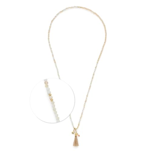 JEWELS BY LEONARDO Halskette Donna • lange Endlos-Kette aus goldfarbenem Edelstahl • Glasperlenkette in sanften Beigetönen • Quasten-Anhänger • 80 cm Länge • Schmuck Geschenk für Frauen • 024897