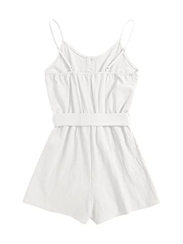 Gamisote Girls Romper Strappy Sleeveless Button Tie Front Jumpsuit With Pockets White #TOP1