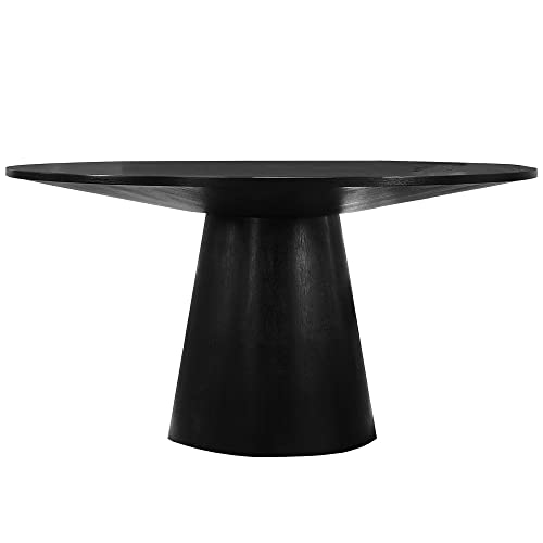 Image of Terra 59 inch Transitional Round Dining Table with Pedestal Base, Black | Engineered Wood, Smooth Finish, Mid-Century Modern Pedestal Base, 1 inch Thick Tabletop, Seats 4