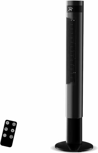 Vidacharmy Ventilador de Torre 110cm - Turbo 7.8 m/s Enfriamiento Rápido, 4 Modos, Ultra Silencioso 26dB, 85° Oscilación, 12H Temporizador, Control Remoto LED, Bajo Consumo, Negro Elegante