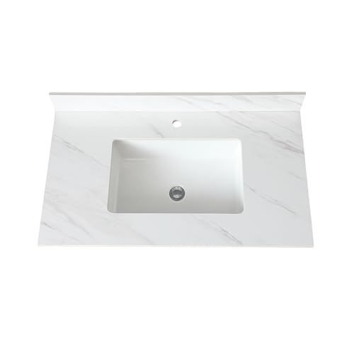 Leavader 37 in Vanity Top, Bathroom Vanity Top with Ceramic Sink and Backsplash, Sintered Stone Vanity with Large Rectangular Single Sink 1 Pre-Drilled Hole Artificial Marble Top (Calacatta White)