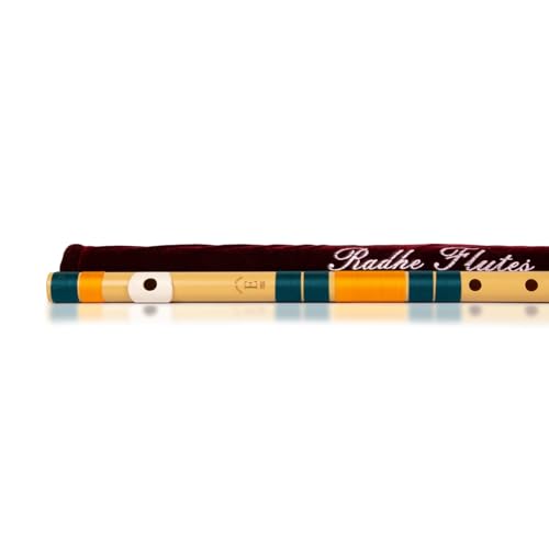 Image of Radhe Flutes | E Natural Right Handed Base Bansuri | Tuned With Tanpura A=440Hz | PVC Flute + Velvet Cover + Hindi & English Flute Lessons | PERENT (Beige Flute With Dark Green & Orange Threads)