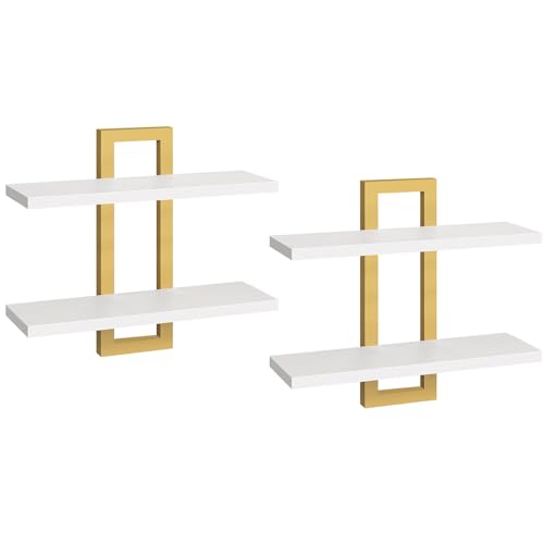 Image of HOOBRO Floating Shelves, 15 Inch Wall Shelf Set of 2, Wall Mounted Storage Shelves 2-Tier, Hanging Bathroom Shelves, for Living Room, Bedroom, Bathroom, Kitchen, White and Gold DW32BJ01