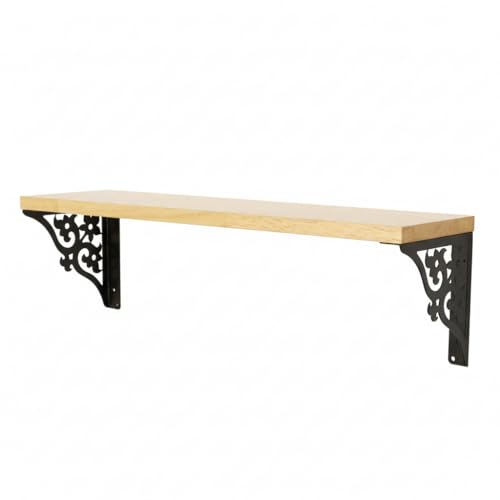 Image of Wall Shelf with Wooden Top Black|White Iron Brackets Storage Rack|Industrial Wall-Mounted Floating Shelf for Living Room,Kitchen,Bathroom (Black Triple Floral Large)