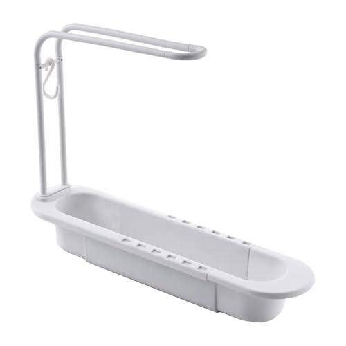 Sxmrmnx Estante telescópico para fregadero, escurridor de agua con soporte para esponja de jabón, toallero, cesta organizadora de almacenamiento de cocina