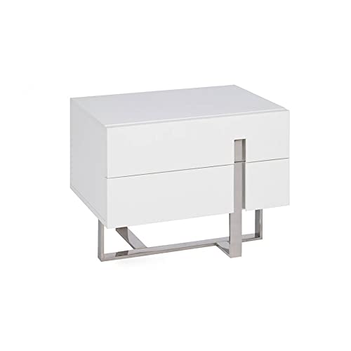 Angel CERDÁ | Mesa de Noche de Madera Lacada en Blanco Brillo, con Cajones Sistema de Cierre retardado, Patas Acero Cromado, Estilo Moderno Cover