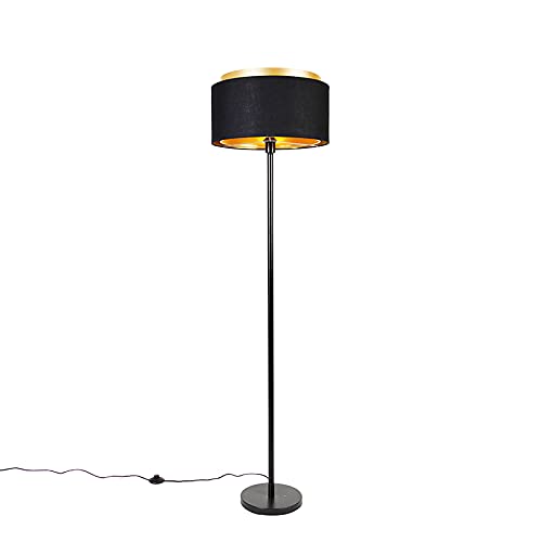 Qazqa - Modern Floor lamp Black with Shade Black with Gold - Simplo- - Modern - Suitable for LED E27 | 1 Light - Steel Floor lamp - Suitable for Living Room I Bedroom I