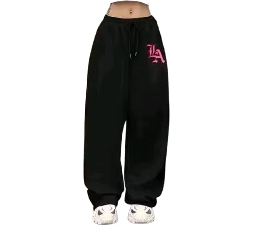 Women's High-Waisted Joggers with Drawstring, Black, Print 1-picture-24