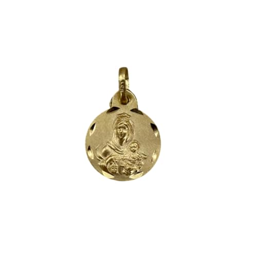Minoplata Medalla Escapulario de Plata 925 Chapada en Oro, Virgen del Carmen y Sagrado Corazón de Jesús, 14mm, Doble Cara con Borde Tallado