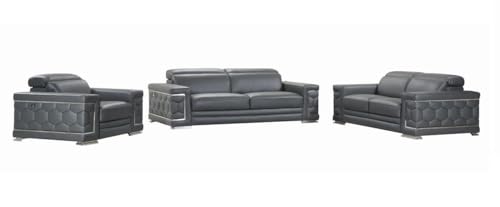 Blackjack Furniture Usry Top Grain Italian Leather Upholstered Living Room 3 Piece Set Chair, Loveseat, Sofa Set, Anchor Gray