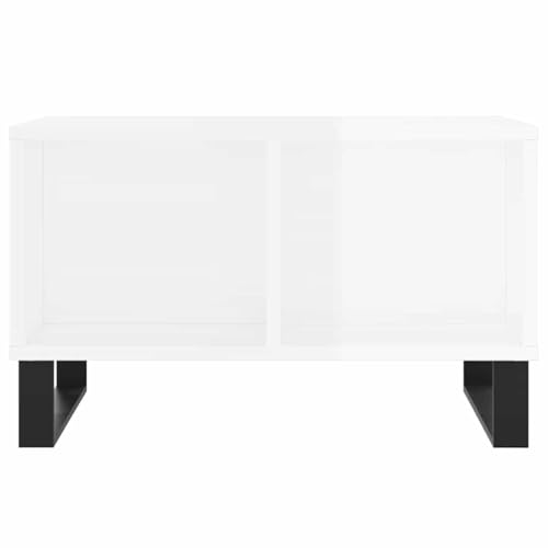 Table basse blanche brillante avec 4 compartiments pour optimiser le rangement des petits salons