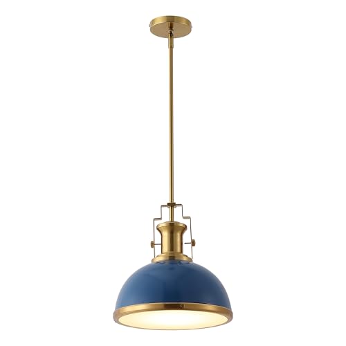 Image of JONATHAN Y Homer Industrial Dome Pendant 13 inch, Navy /Brass Gold | 1-Light, Farmhouse Style, Adjustable Hanging Height, Glass Diffuser, Sloped Ceiling Compatible, Metal, LED Bulb Included