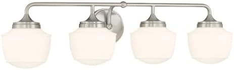 Minka Lavery 2574-84 Cornwell Round Backplate with Etched Opal Glass Schoolhouse Bath Vanity Wall Light, 4-Light 240 Total Watts, 8" H x 32" W, Brushed Nickel