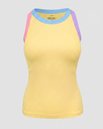 Image of CHICME Womens Sleeveless Ribbed Built in Bra Tank Tops | Color-Block, Crewneck Padded Racerback Shirts, Slim Fit, High Stretch Fabric, Casual Basic Tank for Going Out & Layering