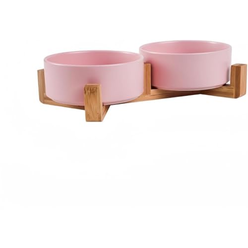 Kwueiit 犬猫陶器スタンド付食器、ペット食器木製スタンド付、犬、ペット、猫ボウルセラミックダブルボウル水ボウル一体型木枠滑り止め転倒防止猫と犬の餌入れ水飲みボウル (ピンクです,Lサイズ20cm)