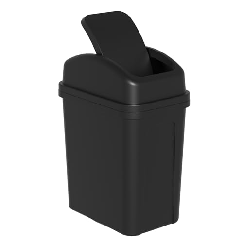 Zopnny Cubo de basura pequeño de 7 litros, para baño o dormitorio, cubo de basura de plástico con tapa basculante, color negro