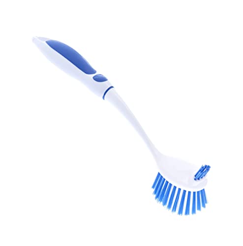 Image of Dish Washing Scrubber Vegetable Brush - Blue / White 2 Sided Bristles - Long Handle With Rubber Grip Non Scratch Kitchen and Bath Cleaning By Superio