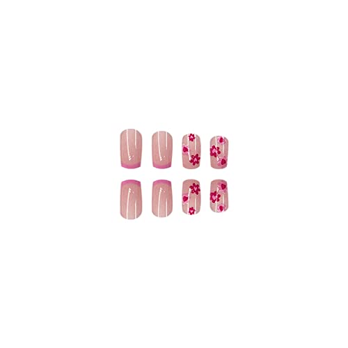 24 Pcs French Tip Press On Nails Short Square Fake Nails Cute Heart Flower Design Acrylic Nails Full Cover Glue On Nails Pink Nail Tips Floral False Nails For Women Girls Spring Summer Manicure Decor #TOP3