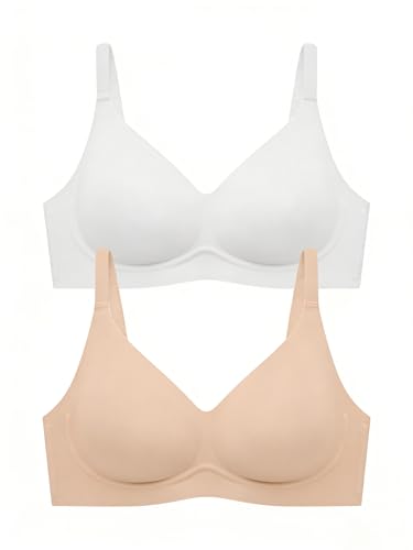 Image of Seamless Wireless Jelly Bras for Women - Lightly Padded Bra with Support, No Underwire Comfortable T-Shirt Bralette (L, Skin-Pure White)