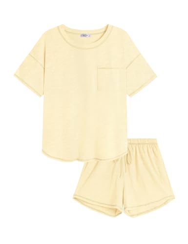 Image of KCW Pajamas for Women Set 2 Piece 100% Cotton Lounge Sets Short Sleeve Top and Shorts Pj Set Sleepwear Outfits