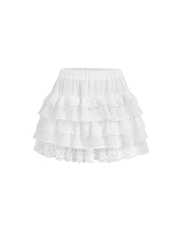 WDIRARA Women's Floral Lace High Waist Layered Ruffle Hem Skirt Elastic Waist Casual Mini Skirts3