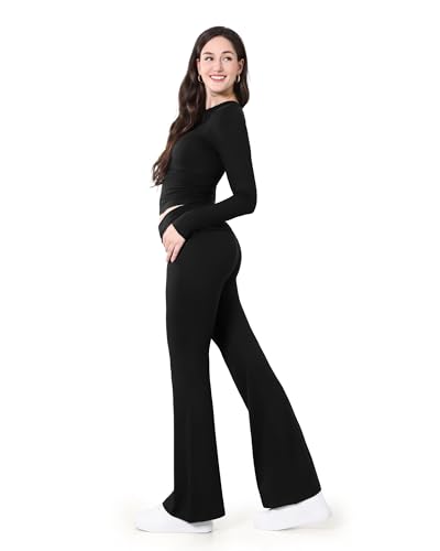 Image of ZOOSIXX Lounge Sets for Women - 2 Piece Outfits Crop Tops with Fold Over Flare Leggings Fall Loungewear Fitted Pajama