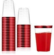 100 Count 10oz Disposable Clear Cup-Red Trim Cup/Old Fashioned Tumblers/Plastic Wedding Cups/Fancy Party Cups