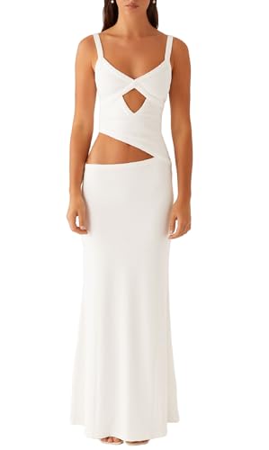 Image of NUFIWI Women Bodycon Spaghetti Strap Cutout Maxi Dress Hollow Sexy Fitted Dresses Sleeveless Stretch Slip Long Dress