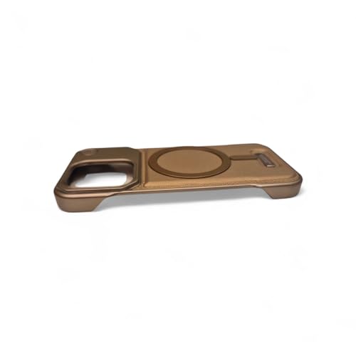 Image of Frameless Metal Case Compatible with MagSafe Luxury Aluminum Frame with PU Leather Finish Magnetic Ring with Wireless Charging Shockproof Premium Slim Case (Golden, iPhone 14 PRO MAX)