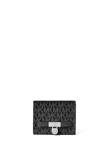 Michael Kors Hamilton Carteira pequena compacta, ferragens prateadas/Sarja revestida com assinatura Tonal MK/Preta