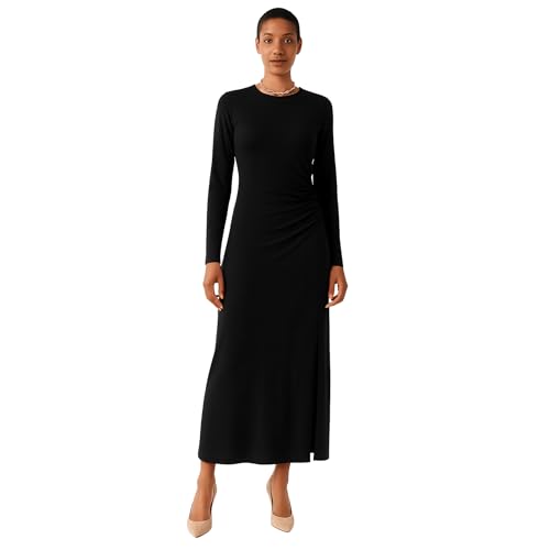 Boomca Women's Long Sleeve Maxi Dress, Elegant Brown Evening Gown, Side Ruched Design (UK, Alpha, S, Regular, Regular, Black)