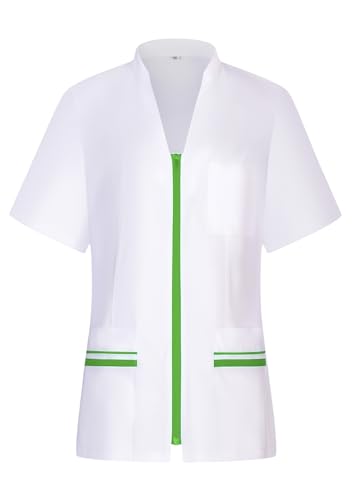 KAIXUAN – CASACA SANITARIA PARA MUJER CON CIERRE DE CREMALLERA CENTRAL CUELLO TIRILLA CON VISTAS DE COLOR MANGA CORTA – SERIE 702/7021 (Blanco con vivo verde -2+18, XL)